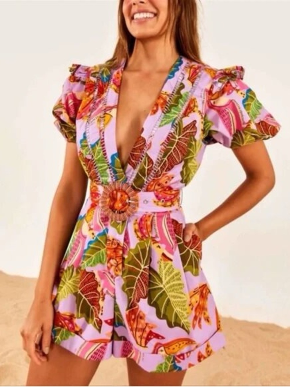 NWT Farm Rio Beaks &‎ Bananas Ruffle Belted Romper Lilac S